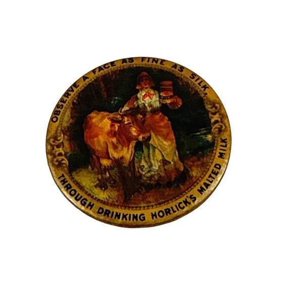 Vintage Horlick’s Malted Milk Pocket Mirror Tin Litho Girl Cow Dairy Ad 1900s - Picture 4 of 6